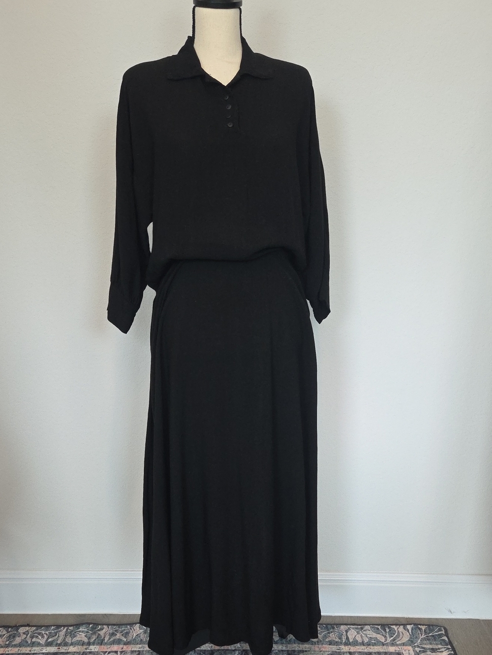 Vintage 90s Sweet Inspirations Black Long Sleeve Polo Maxi Dress Pockets